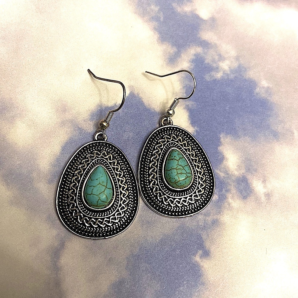 Aztec Turquoise and Silver Weave Designs Earrings.
